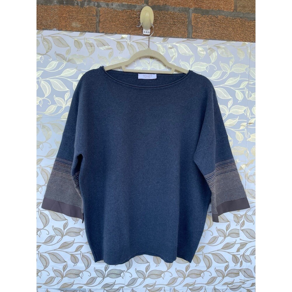 TONET Italy Virgin Wool Silk Knit Sweater Blue Gray Oversized Boxy Minimalist 42